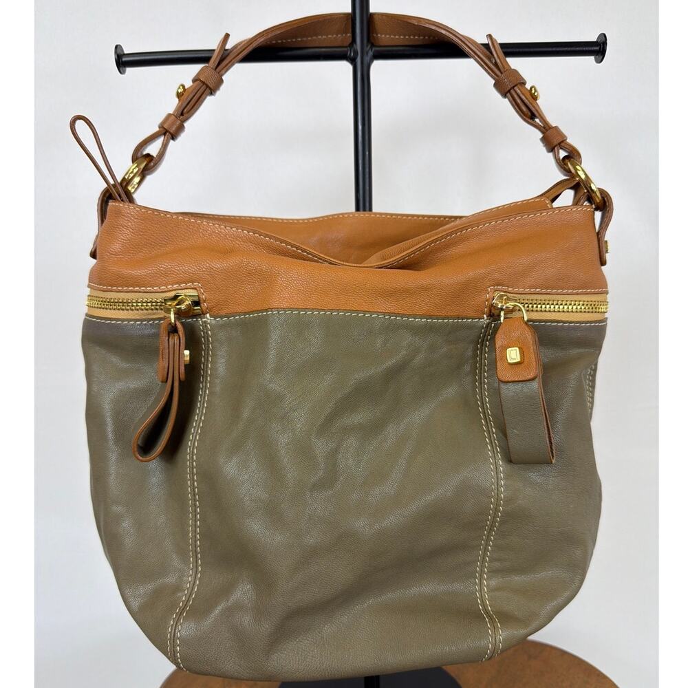 Vintage Luana Green Brown Leather Shoulder Bag Side Zip Pockets Handbag Purse